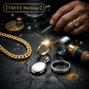 「【TREVE Heritage】」のゴールドロゴが左上に配された、プロフェッショナルな鑑定現場の臨場感あふれるカット。使い込まれた黒いレザーマットの上には、眩い輝きを放つK18の喜平ネックレス、一粒ダイヤモンドがセットされたゴールドリング、そして「PT1000」の刻印があるプラチナペンダントと「PT900」のリングが並んでいる。画面右上には、熟練の鑑定士がピンセットを操り、金粉や地金の粒子を精査する手元が写り込み、手前には精密ルーペ（キズミ）が置かれている。高松市の貴金属買取専門店「TREVE」が、最新のX線分析や比重計を用い、刻印のない品や微細な金純度までを厳密に特定し、当日の最高相場で現金化するイメージ。