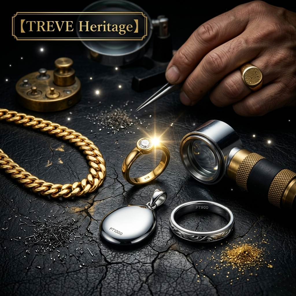 「【TREVE Heritage】」のゴールドロゴが左上に配された、プロフェッショナルな鑑定現場の臨場感あふれるカット。使い込まれた黒いレザーマットの上には、眩い輝きを放つK18の喜平ネックレス、一粒ダイヤモンドがセットされたゴールドリング、そして「PT1000」の刻印があるプラチナペンダントと「PT900」のリングが並んでいる。画面右上には、熟練の鑑定士がピンセットを操り、金粉や地金の粒子を精査する手元が写り込み、手前には精密ルーペ（キズミ）が置かれている。高松市の貴金属買取専門店「TREVE」が、最新のX線分析や比重計を用い、刻印のない品や微細な金純度までを厳密に特定し、当日の最高相場で現金化するイメージ。
