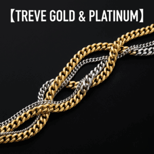 「【TREVE GOLD & PLATINUM】」の白いロゴが上部に配された、高級感溢れる資産鑑定ビジュアル。漆黒の背景を舞台に、重厚な輝きを放つ「K18ゴールド」の喜平ネックレスと、クールな光沢を持つ「Pt850/Pt900プラチナ」の喜平ネックレスが、まるでDNAの二重らせんのように美しく交差しながら配置されている。各コマの精密なカットが光を反射し、圧倒的なボリューム感と地金としての純度の高さを強調。高松市の貴金属買取専門店「TREVE」が、最新の相場高騰を背景に、これら喜平製品の重量だけでなく「製品としての価値」を最大限に評価して即金買取を行うイメージ。