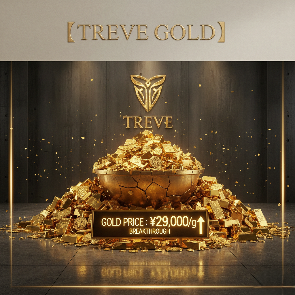 「【TREVE GOLD】」のゴールドロゴが上部に配された、高級感あふれるモダンな鑑定スタジオ。中央には、溢れんばかりの金貨やゴールドバーが盛られた黄金の器が鎮座し、その周囲にも無数のインゴットや金塊が山積みになっている。手前には「GOLD PRICE : ¥29,000/g ↑ BREAKTHROUGH」と記された電光掲示板が輝き、高松市の金買取専門店「TREVE」が、1gあたり29,000円を突破した歴史的な金相場を背景に、あらゆる貴金属を最高値で即日現金化する圧倒的な買取力を表現したイメージ。