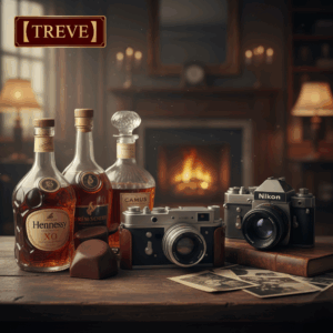 「【TREVE】」のボルドーカラーのロゴが左上に配された、暖炉が優しく灯るクラシックな書斎風スタジオ。使い込まれた木のテーブルの上には、鑑定対象である「ヘネシー X.O」や「カミュ」のブランデーボトル3本と、歴史を感じさせる「Nikon」などのヴィンテージ・一眼レフカメラ2台、さらに古いモノクロ写真が並んでいる。高松市の総合買取専門店「TREVE」が、趣味の逸品から贈答品のお酒まで、それぞれの歴史的価値と市場相場を精緻に見極め、最高値で査定・買取を行うイメージ。