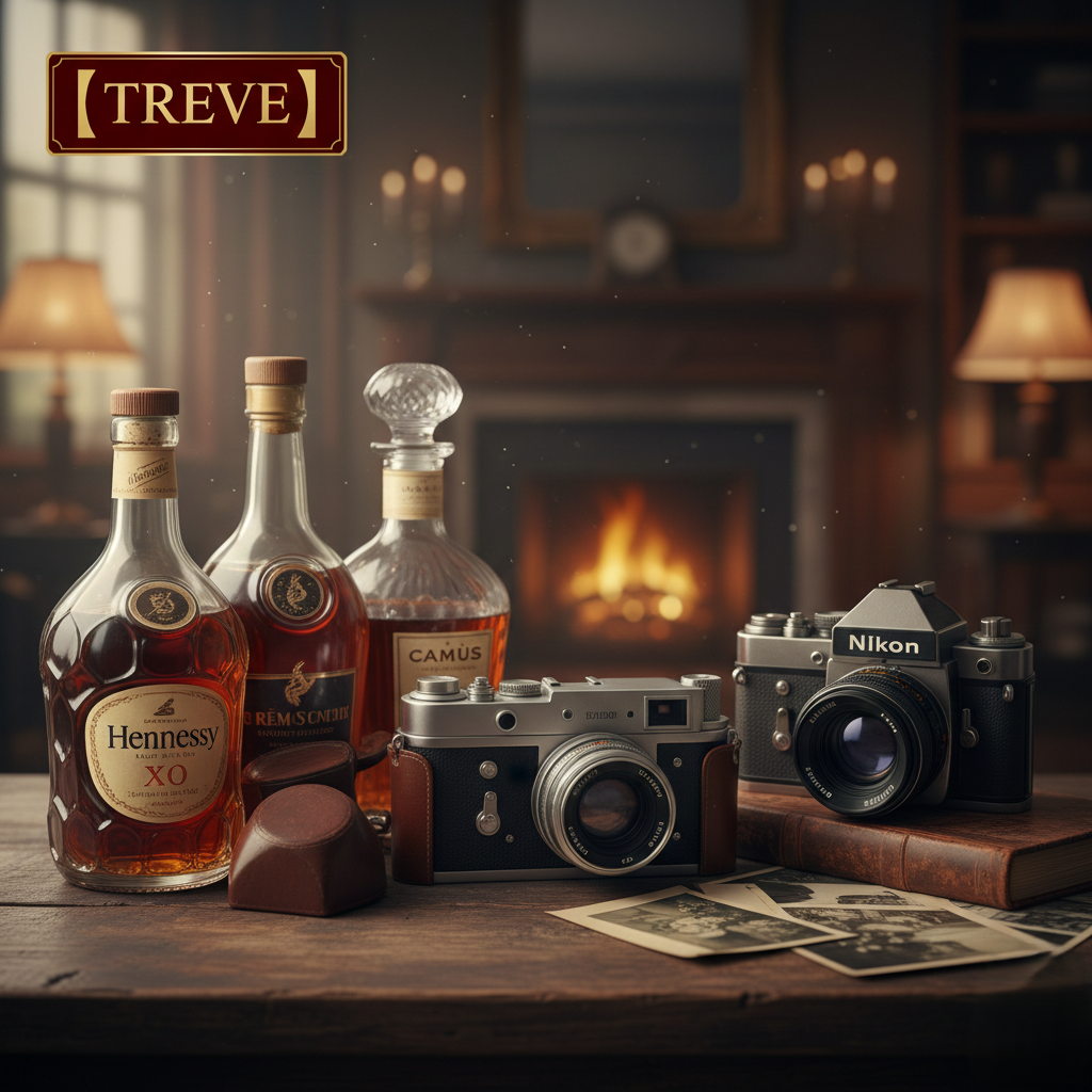 「【TREVE】」のボルドーカラーのロゴが左上に配された、暖炉が優しく灯るクラシックな書斎風スタジオ。使い込まれた木のテーブルの上には、鑑定対象である「ヘネシー X.O」や「カミュ」のブランデーボトル3本と、歴史を感じさせる「Nikon」などのヴィンテージ・一眼レフカメラ2台、さらに古いモノクロ写真が並んでいる。高松市の総合買取専門店「TREVE」が、趣味の逸品から贈答品のお酒まで、それぞれの歴史的価値と市場相場を精緻に見極め、最高値で査定・買取を行うイメージ。