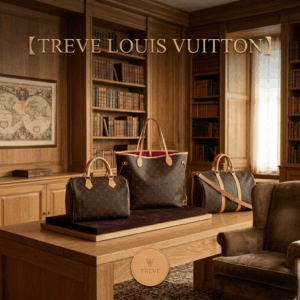 「【TREVE LOUIS VUITTON】」のゴールドロゴが壁面に輝く、クラシックな書庫に囲まれた格調高い査定ルーム。重厚な木製テーブルの上には、ルイ・ヴィトンの象徴であるモノグラム・ラインの「スピーディ」「ネヴァーフル」「キーポル」が、ベルベットの展示台に美しく並べられている。傍らにはアンティーク調の地図やレザーチェアが配され、高松市のブランド買取専門店「TREVE」が、バッグの型崩れやヌメ革の状態、シリアル刻印を厳密に鑑定し、ヴィンテージから最新モデルまで価値を最大限に評価するイメージ。