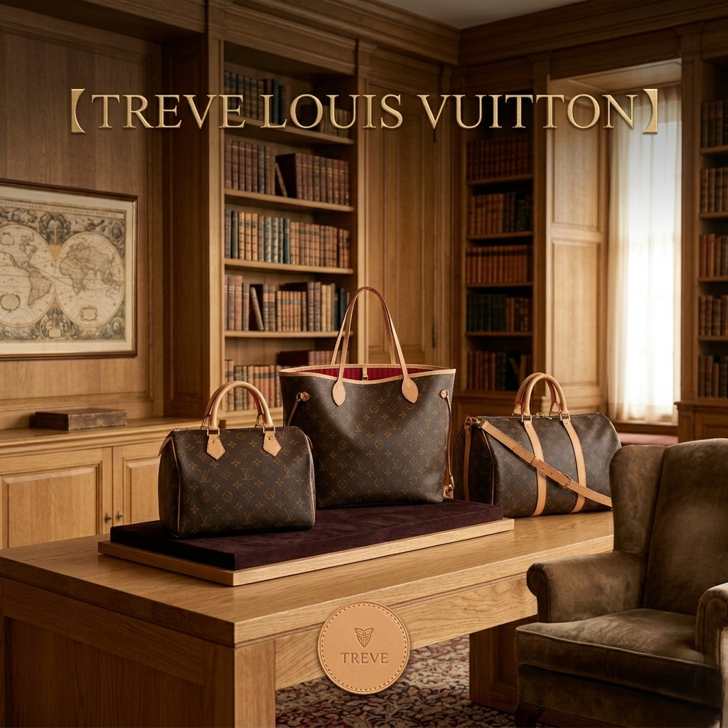 「【TREVE LOUIS VUITTON】」のゴールドロゴが壁面に輝く、クラシックな書庫に囲まれた格調高い査定ルーム。重厚な木製テーブルの上には、ルイ・ヴィトンの象徴であるモノグラム・ラインの「スピーディ」「ネヴァーフル」「キーポル」が、ベルベットの展示台に美しく並べられている。傍らにはアンティーク調の地図やレザーチェアが配され、高松市のブランド買取専門店「TREVE」が、バッグの型崩れやヌメ革の状態、シリアル刻印を厳密に鑑定し、ヴィンテージから最新モデルまで価値を最大限に評価するイメージ。