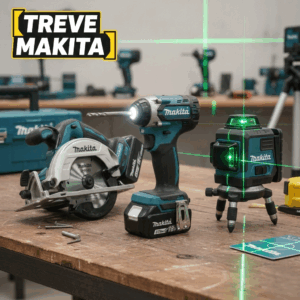 「【TREVE MAKITA】」のイエローロゴが左上に配された、プロ仕様のワークショップ。使い込まれた木製作業台の上には、マキタの象徴的なブルーカラーが映える「インパクトドライバー」、精密な墨出しを行う「レーザー墨出し器（グリーンレーザー）」、そして強力な切断力を誇る「充電式マルノコ」が並んでいる。背景には他の電動工具やツールボックスが置かれ、高松市の工具買取専門店「TREVE」が、動作確認やバッテリーの消耗度、レーザーの精度を厳密に鑑定し、現場のプロが愛用する工具を適正価格で評価するイメージ。