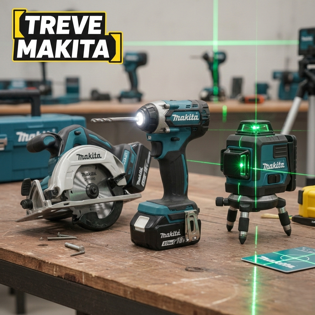 「【TREVE MAKITA】」のイエローロゴが左上に配された、プロ仕様のワークショップ。使い込まれた木製作業台の上には、マキタの象徴的なブルーカラーが映える「インパクトドライバー」、精密な墨出しを行う「レーザー墨出し器（グリーンレーザー）」、そして強力な切断力を誇る「充電式マルノコ」が並んでいる。背景には他の電動工具やツールボックスが置かれ、高松市の工具買取専門店「TREVE」が、動作確認やバッテリーの消耗度、レーザーの精度を厳密に鑑定し、現場のプロが愛用する工具を適正価格で評価するイメージ。