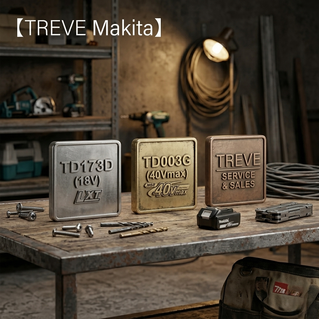 「【TREVE Makita Tool】」のイエローロゴが左上に配された、サイバーパンク風のライティングが印象的な鑑定スタジオ。青いネオンが幾何学的に輝く壁を背景に、重厚な黒のスチールデスクの上には、マキタを象徴するブルーカラーの最新電動工具が並んでいる。中央には「40Vmaxインパクトドライバ」が力強く置かれ、その左右には予備のバッテリーが配置されている。デスクには火花のような光の粒子が舞い、高松市の工具買取専門店「TREVE」が、プロ仕様工具の動作精度やバッテリー寿命を厳密に鑑定し、現場で培われた資産価値を国内最高水準で評価するイメージ。