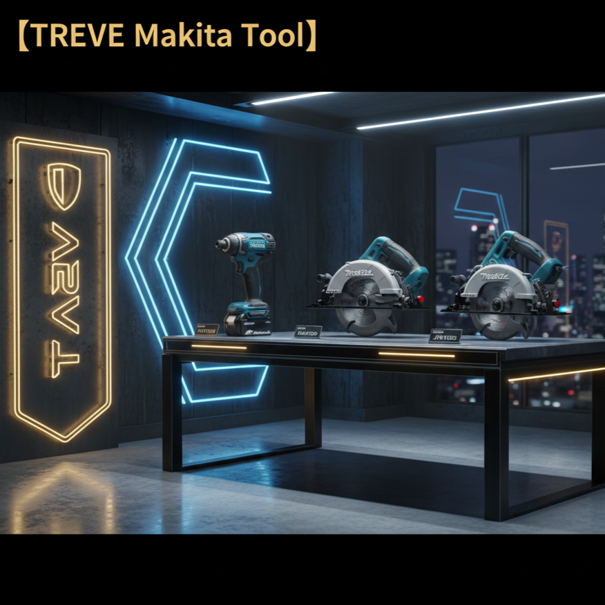 「【TREVE Makita Tool】」のイエローロゴが左上に配された、サイバーパンクな雰囲気漂う近未来的な鑑定スタジオ。夜の摩天楼を臨む大きな窓がある部屋で、ブルーのネオンが幾何学的に輝く壁を背景に、重厚な黒のスチールデスクが置かれている。デスクの上には、マキタの象徴的なブルーカラーの電動工具が並んでおり、左には「40Vmaxインパクトドライバ」、中央と右には鋭い刃を備えた「充電式マルノコ」2台が展示されている。高松市の工具買取専門店「TREVE」が、バッテリーの摩耗状態や動作の精度、外装のキズまで厳密に鑑定し、プロ仕様の現場工具を国内最高水準で評価するイメージ。