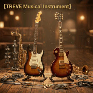 「【TREVE Musical Instrument】」のゴールドロゴが上部に配された、暖かな光に包まれたジャズクラブのような雰囲気の査定スタジオ。中央には、美しいサンバースト塗装の「フェンダー・ストラトキャスター」と「ギブソン・レスポール」がギタースタンドに立てられ、その傍らには黄金色に輝くサックスとトランペットが配置されている。足元のウッドフロアにはシールドケーブルやギアパーツが散乱し、臨場感を演出している。高松市の楽器買取専門店「TREVE」が、ヴィンテージギターの木材の状態、電装系の動作、管楽器のタンポやピストンの精度を精密に鑑定し、最新の市場相場に基づき最高値を提示するイメージ。