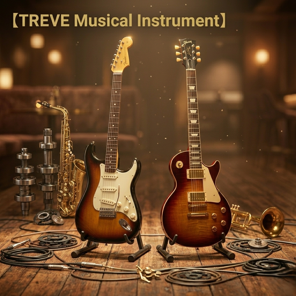 「【TREVE Musical Instrument】」のゴールドロゴが上部に配された、暖かな光に包まれたジャズクラブのような雰囲気の査定スタジオ。中央には、美しいサンバースト塗装の「フェンダー・ストラトキャスター」と「ギブソン・レスポール」がギタースタンドに立てられ、その傍らには黄金色に輝くサックスとトランペットが配置されている。足元のウッドフロアにはシールドケーブルやギアパーツが散乱し、臨場感を演出している。高松市の楽器買取専門店「TREVE」が、ヴィンテージギターの木材の状態、電装系の動作、管楽器のタンポやピストンの精度を精密に鑑定し、最新の市場相場に基づき最高値を提示するイメージ。