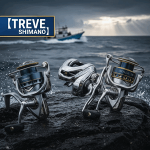 「【TREVE SHIMANO】」のネイビーロゴが左上に配された、荒波が打ち寄せる磯場を臨むドラマチックな風景。濡れた岩場の上には、シマノの最高峰スピニングリール「ステラ SW」や、精密な「アンタレス」ベイトリールが3台、力強く鎮座している。背景には波を切って進む漁船と曇天の空から差し込む光が描かれ、高松市の釣具買取専門店「TREVE」が、過酷な環境で使用されるリールの回転挙動やドラグ性能、外装の腐食状態を厳密に鑑定し、アングラー垂涎の機材を最高値で評価するイメージ。