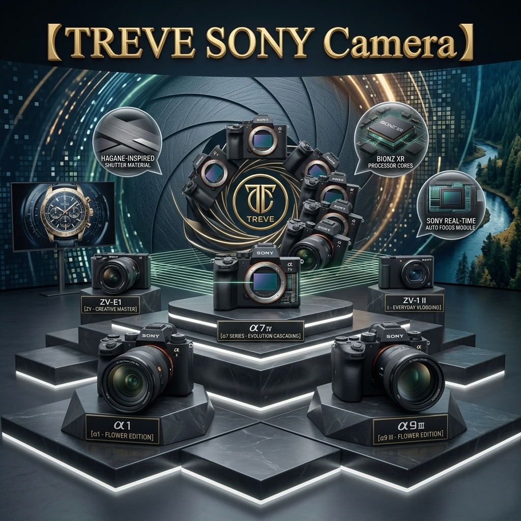 「【TREVE SONY Camera】」のゴールドロゴが掲げられた、近未来的なデジタル・ショールーム。黒い大理石の幾何学的な展示台には、ソニーが誇るフルサイズミラーレスの最高峰「α1」や「α9 III」、スタンダードの傑作「α7 IV」、そしてVlog撮影に特化した「ZV-E1」「ZV-1 II」が圧倒的な存在感で並んでいる。背景にはシャッター幕の構造や「BIONZ XR」プロセッサー、リアルタイム瞳AFモジュールなどの内部テクノロジーを解説するホログラムが浮かび、高松市のカメラ買取専門店「TREVE」が、センサーの傷やショット数、内部機構の動作まで厳密に鑑定し、最新のテクノロジーを適正に評価するイメージ。