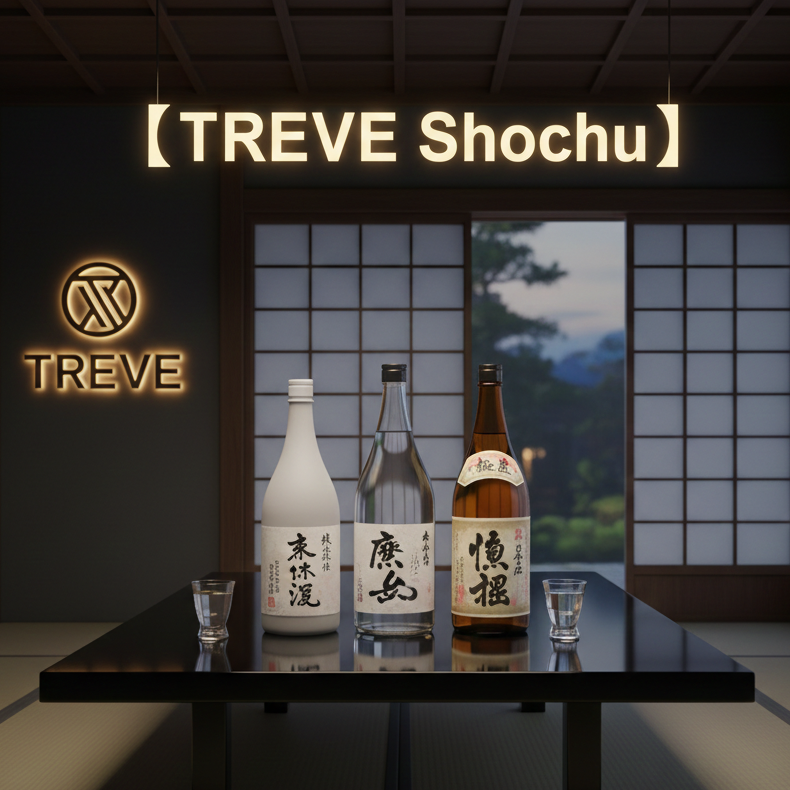 「【TREVE Shochu】」のネオンロゴが上部に灯る、静謐な和モダンの査定ルーム。夕暮れの日本庭園を臨む障子を背景に、黒い漆塗りのテーブルの上には、達筆なラベルが貼られた3本の本格焼酎が並んでいる。左には白い陶器ボトルの米焼酎、中央には透明なボトルの芋焼酎、右には茶色いボトルの麦焼酎が鎮座し、手前にはお猪口が添えられている。高松市の焼酎買取専門店「TREVE」が、ラベルの保存状態や液面の低下、詰め口年月日から希少価値を厳密に鑑定し、プレミアム焼酎や限定銘柄を最高値で評価するイメージ。