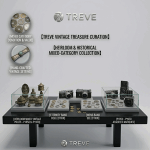 TREVE」のシルバーロゴと「【TREVE VINTAGE TREASURE CURATION】」のタイトルが配された、美術館のような洗練された展示空間。黒いモダンな展示テーブルの上には、ガラスケースに守られた歴史的価値の高い品々が並んでいる。左側には1850年から1950年頃の仏像や香炉などの骨董品、中央にはエタニティリングやメンズリングのコレクション、そしてライカ等のクラシックカメラ、右側には江戸・明治期の古銭や二眼レフカメラが美しく配置されている。円形のインセット画像では、古銭のコンディションやヴィンテージアクセサリーの細部が強調されている。高松市の総合買取専門店「TREVE」が、遺品や蔵出し品の歴史的価値、素材の希少性を精密に鑑定し、次代へ繋ぐ最高値を提示するイメージ。