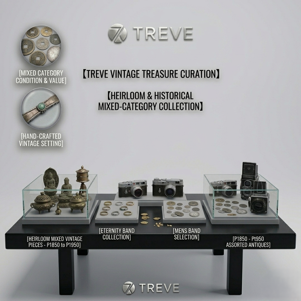 TREVE」のシルバーロゴと「【TREVE VINTAGE TREASURE CURATION】」のタイトルが配された、美術館のような洗練された展示空間。黒いモダンな展示テーブルの上には、ガラスケースに守られた歴史的価値の高い品々が並んでいる。左側には1850年から1950年頃の仏像や香炉などの骨董品、中央にはエタニティリングやメンズリングのコレクション、そしてライカ等のクラシックカメラ、右側には江戸・明治期の古銭や二眼レフカメラが美しく配置されている。円形のインセット画像では、古銭のコンディションやヴィンテージアクセサリーの細部が強調されている。高松市の総合買取専門店「TREVE」が、遺品や蔵出し品の歴史的価値、素材の希少性を精密に鑑定し、次代へ繋ぐ最高値を提示するイメージ。