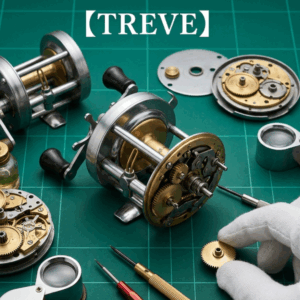 「【TREVE】」の白いロゴが中央上部に配された、深いグリーンのカッティングマットが敷かれた作業デスク。中央には、内部機構が露わになったヴィンテージのベイトリールが置かれ、真鍮製の精巧なギアやパーツが美しく並んでいる。白い手袋をはめた鑑定士の右手が、ピンセットのような工具で小さなギアを慎重に扱っており、その傍らには精密ドライバー、ルーペ、オイルボトルが整然と配置されている。高松市の買取専門店「TREVE」が、単なる中古品としてではなく、メンテナンスの行き届いた「動作品」としての価値や、希少なパーツの価値を一つひとつ丁寧に確認して査定するイメージ。