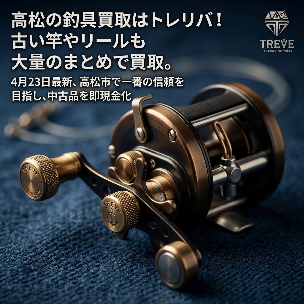 【4/23最新】高松市の釣具買取ならTREVE（トレリバ）。アンティークリール、古い釣竿、ベイトリール、スピニングリールなどを大量まとめ買取。高松市で中古釣具を即日現金化するプロの査定イメージ。