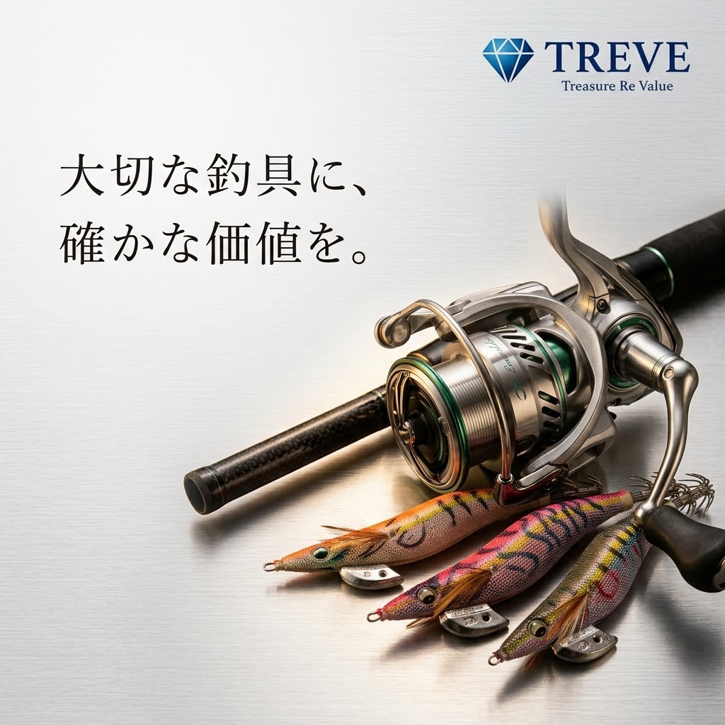 【5/2最新】高松市の釣具買取ならTREVE（トレリバ）。「大切な釣具に、確かな価値を。」というメッセージと共に、ダイワ（DAIWA）のスピニングリールやエギングロッド、エギ（餌木）が並ぶイメージ画像。高松市内で専門知識を持つ鑑定士が釣具を高価買取・即日現金化。