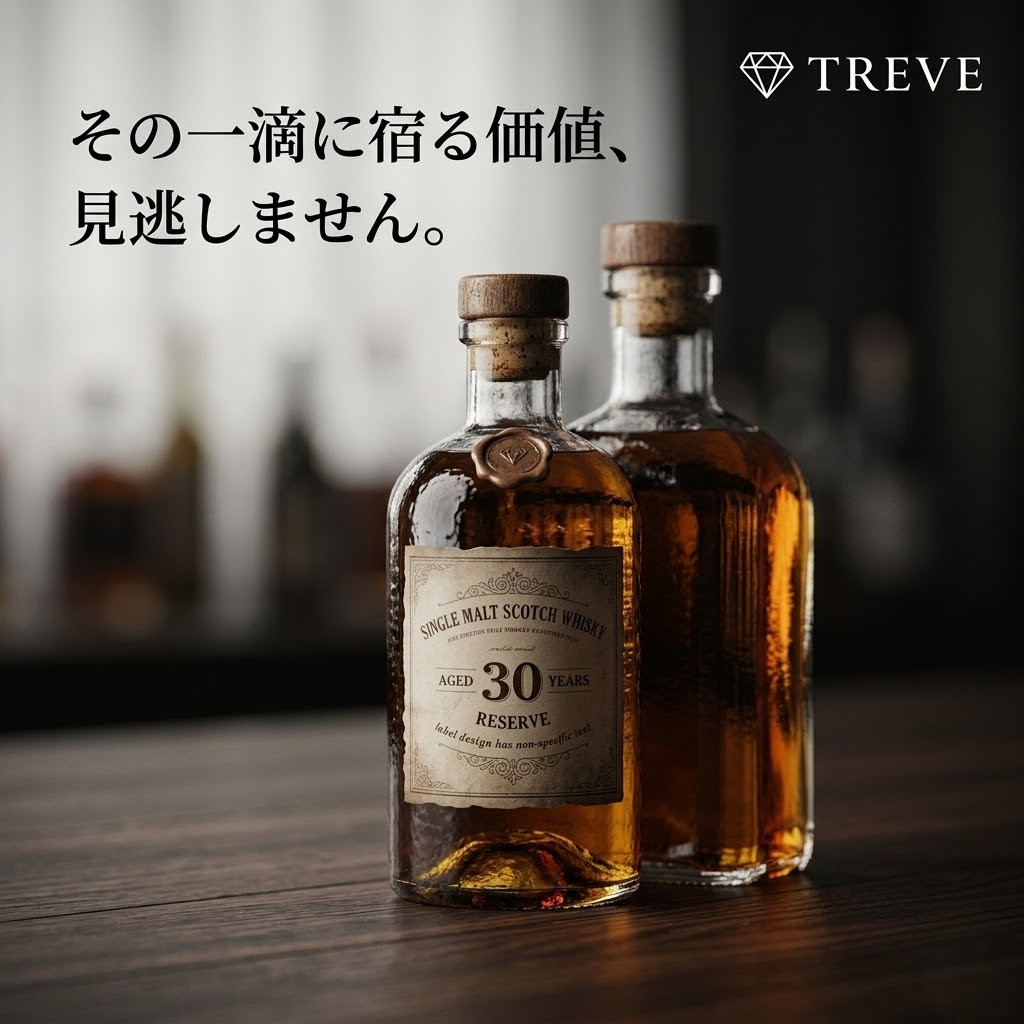 【5/15最新】高松市の酒買取ならTREVE（トレリバ）。「琥珀の記憶を、最高の一杯の価値へ。」のコピーと共に、ウイスキーがグラスに注がれるイメージ画像。山崎、響、マッカランなどの希少なウイスキーや古酒を高松市内で地域最高値買取。
