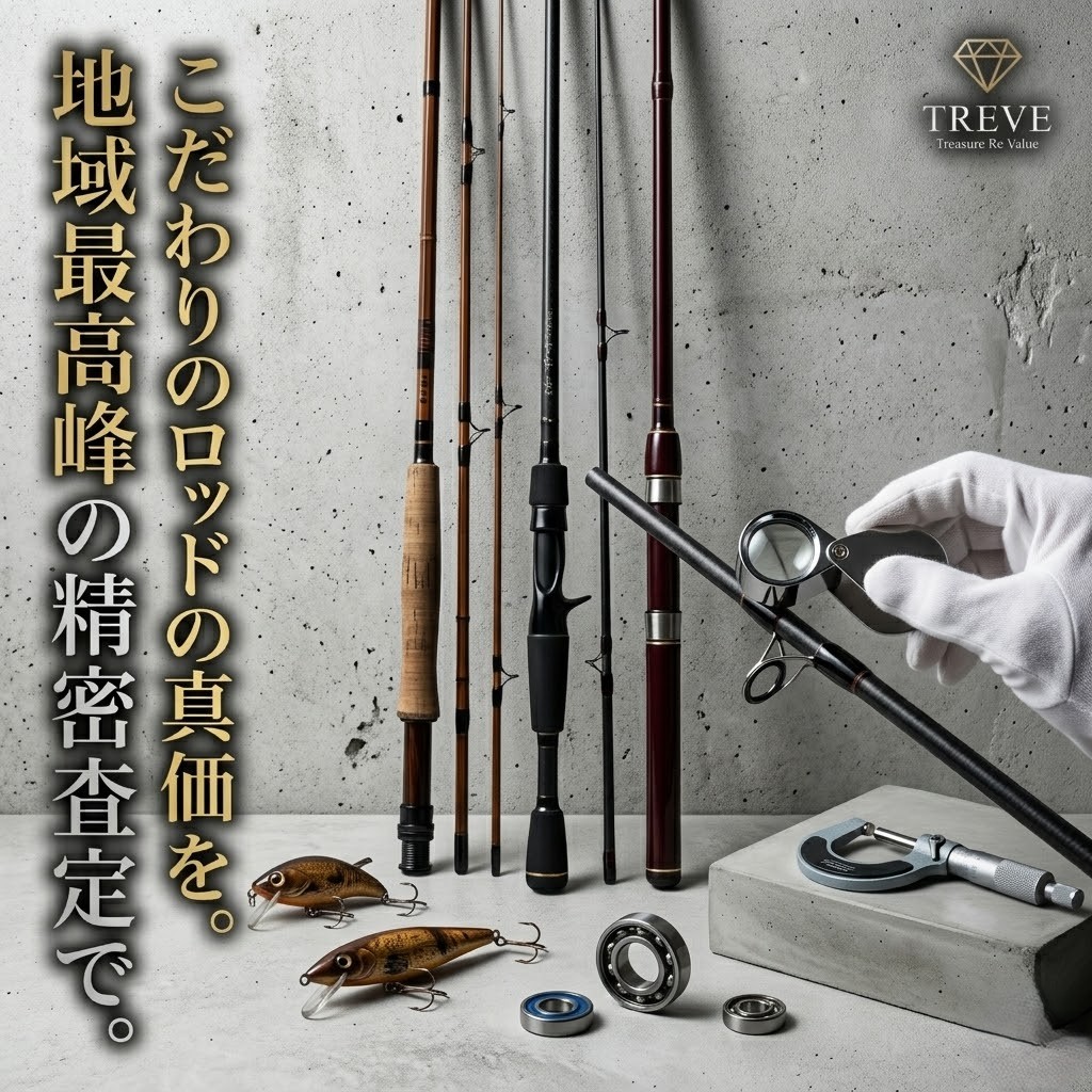【5/25最新】高松市の釣具買取ならTREVE（トレリバ）。「こだわりのロッドの真価を。地域最高峰の精密査定で。」というコピーと共に、様々な釣竿（ロッド）やルアーが並び、ルーペやマイクロメーターを使って精査するイメージ画像。
