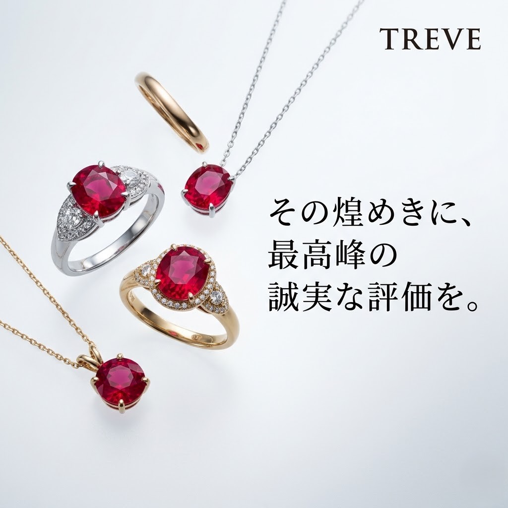 【6/11最新】高松市のルビー・宝石買取ならTREVE（トレリバ）。「その情熱の輝きに、最上の評価と最高の価値を。」というコピーと共に、大粒のルビーとメレダイヤが輝くゴールドリング（金指輪）のイメージ画像。高松市内で高級宝飾品を高価買取。