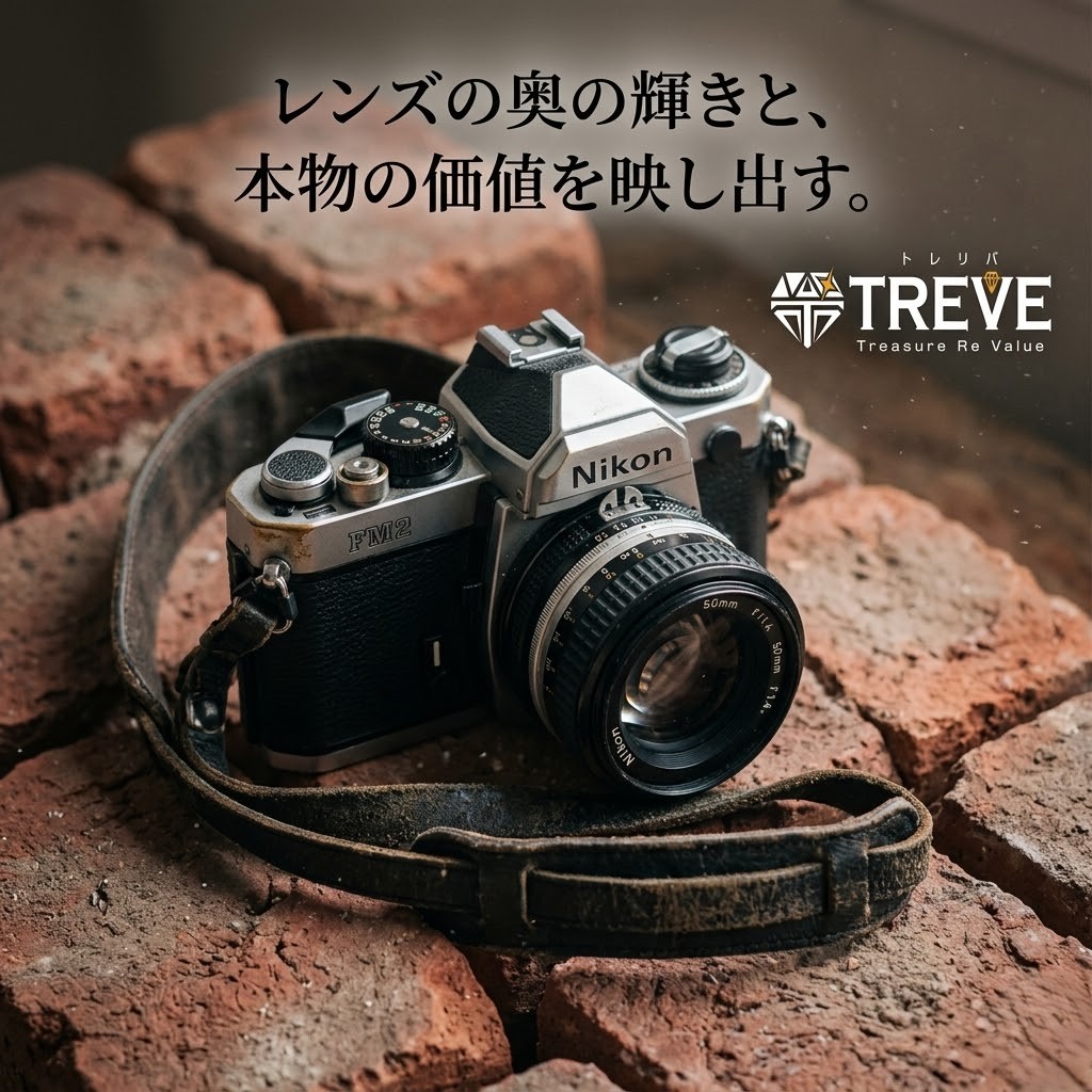 【6/8最新】高松市のカメラ買取ならTREVE（トレリバ）。「一瞬の記憶を、永遠の価値へ。」というコピーと共に、ニコン（Nikon）の一眼レフレンズが並ぶイメージ画像。高松市内で専門スタッフがカメラ本体やレンズ、機材を地域最高値で高価買取。