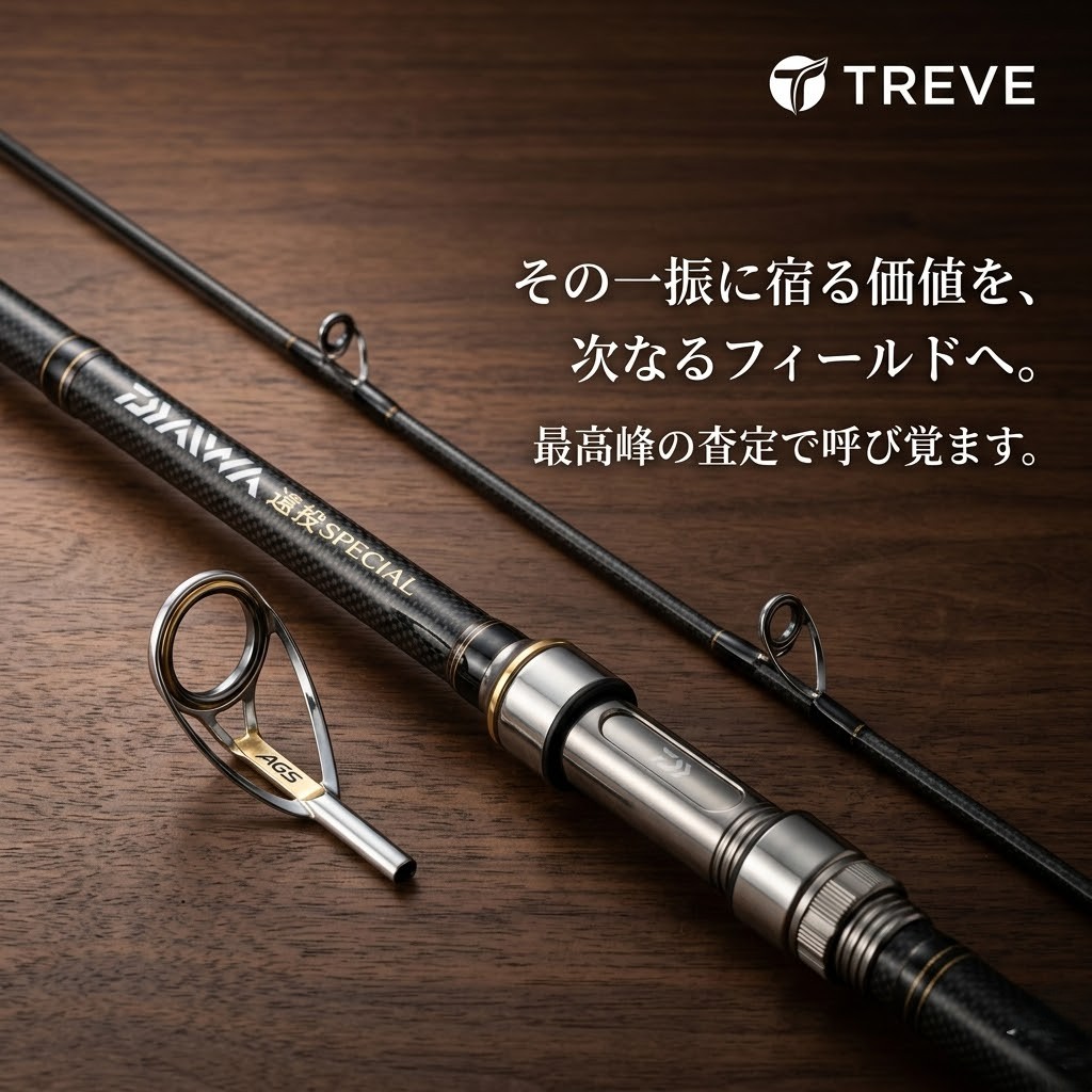 【6/13最新】高松市の釣具買取ならTREVE（トレリバ）。「その一振りが描いた軌跡に、最高の評価を。」というコピーと共に、ダイワ（DAIWA）の高級スピニングリールが佇むイメージ画像。高松市内でロッドやリール、釣具を高価買取・即日現金化。