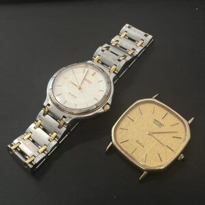 高松市のトレリバで買取したセイコーのドルチェメンズ腕時計。コンビブレス時計とベルトなしゴールド本体のみの画像。