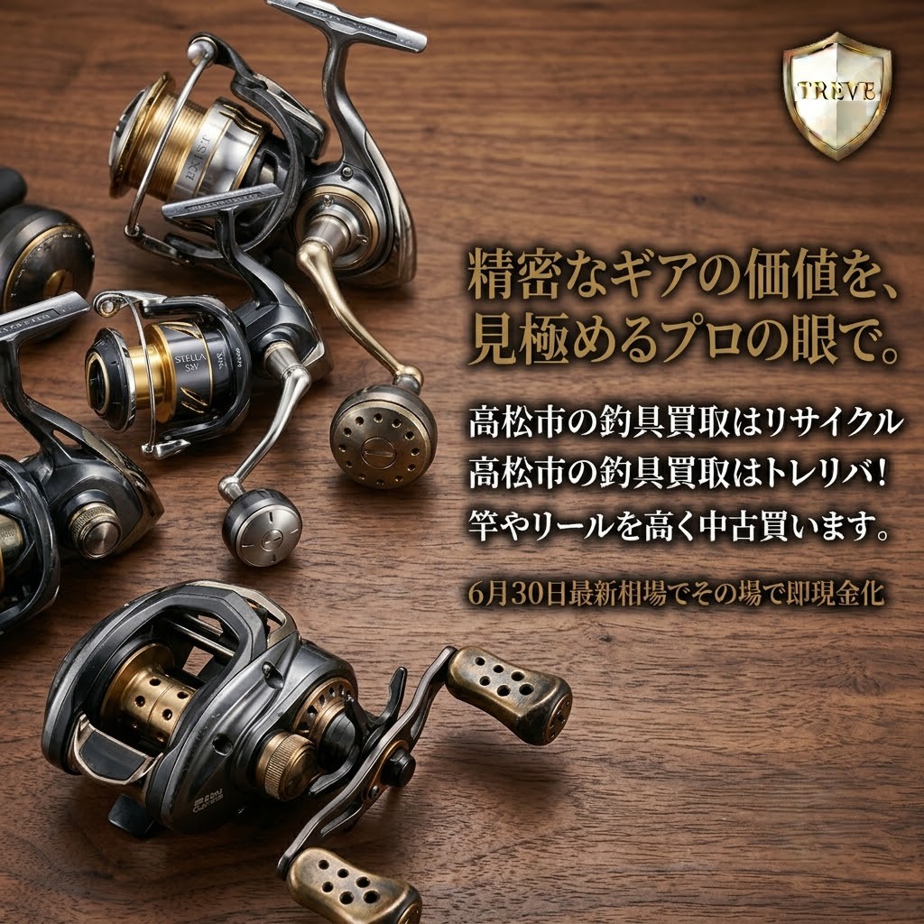 【6/30最新】高松市の釣具買取ならTREVE（トレリバ）。「最高峰の機能美を、見極めるプロの眼で。」というコピーと共に、シマノ（SHIMANO）とダイワ（DAIWA）の高級スピニングリールが並ぶ木目背景のイメージ画像。高松市内で釣具を高価買取・即日現金化。