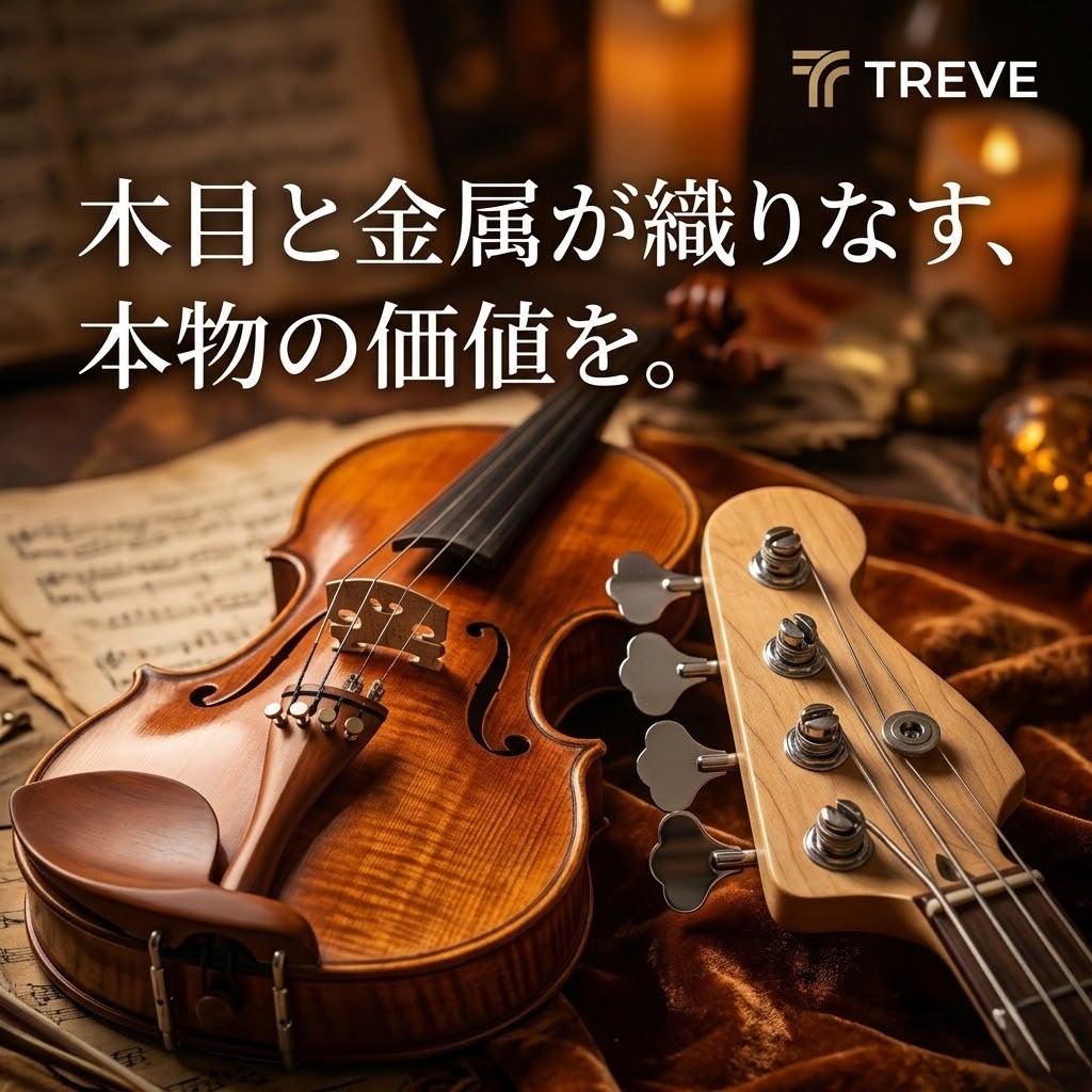 【6/4最新】高松市の楽器買取ならTREVE（トレリバ）。「木目と金属が織りなす、本物の価値を。」というコピーと共に、美しい木目のバイオリンやエレキベースのヘッドが並ぶイメージ画像。高松市内で高級弦楽器や機材を地域最高値で高価買取。