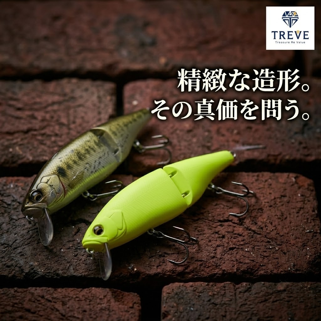 【7/24最新】高松市の釣具・ルアー買取ならTREVE（トレリバ）。「精緻な造形。その真価を問う。」というコピーと共に、DRT等の人気ビッグベイトルアーが並ぶレンガ背景のイメージ画像。高松市内でバスルアーやフィッシングギアを高価買取・即日現金化。