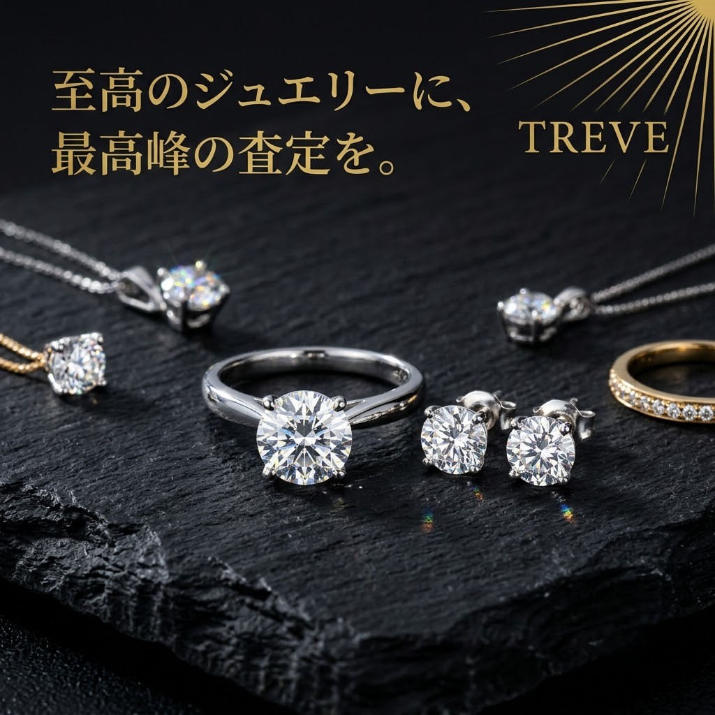 【7/9最新】高松市のダイヤモンド・宝石買取ならTREVE（トレリバ）。「その煌めきに、最高峰の誠実な評価を。」というコピーと共に、大粒のダイヤモンドリング（指輪）が輝く大理石背景のイメージ画像。高松市内で高級ジュエリーを高価買取・即日現金化。
