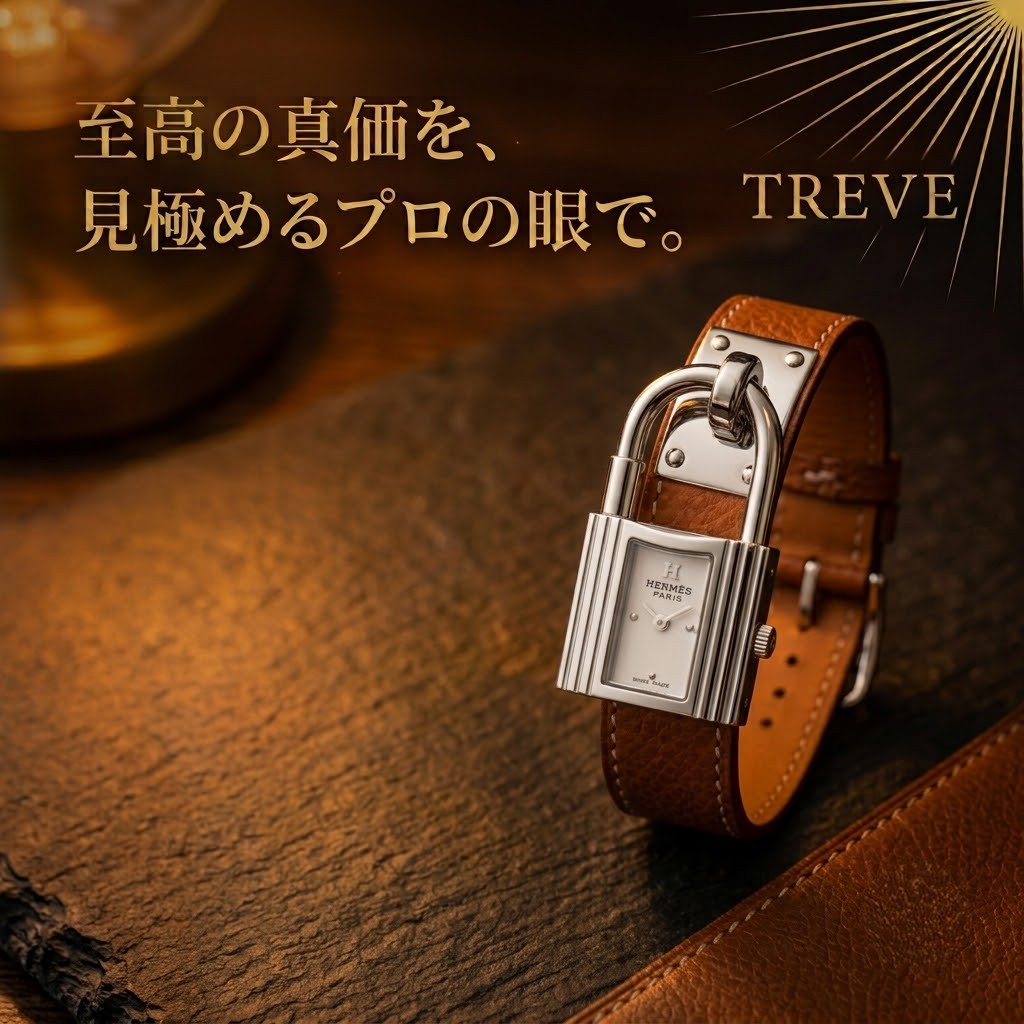 【7/10最新】高松市のエルメス時計買取ならTREVE（トレリバ）。「その一秒が刻んだ歳月に、最高の評価と至高の価値を。」というコピーと共に、上質な革ベルトが美しいエルメス（HERMES）の腕時計が佇むイメージ画像。高松市内で高級ブランド時計を高価買取。