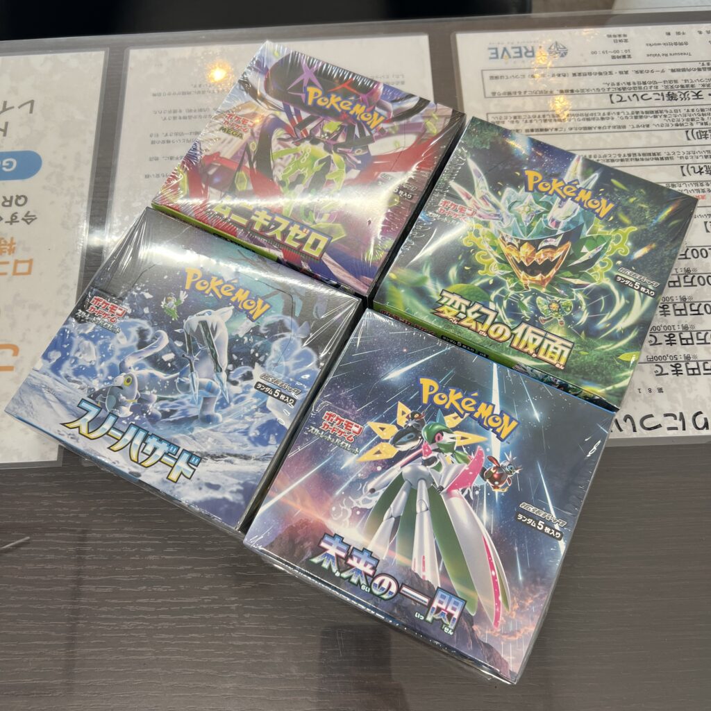 高松市のトレリバで買取したポケモンカードゲーム未開封BOX。スノーハザード、変幻の仮面、未来の一閃、ステラミラクルのシュリンク付きボックスの画像。
