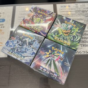 高松市のトレリバで買取したポケモンカード未開封BOX。スノーハザード、変幻の仮面、未来の一閃、ステラミラクルのシュリンク付きボックスの画像。