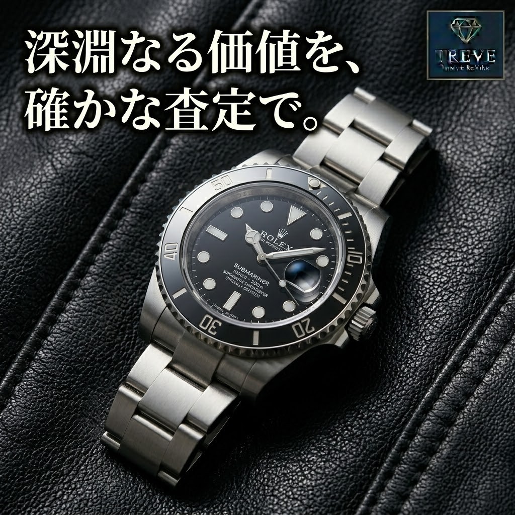 【7/21最新】高松市のロレックス買取ならTREVE（トレリバ）。「深淵なる価値を、確かな査定で。」というコピーと共に、黒文字盤のロレックス サブマリーナー デイトがレザー背景に佇むイメージ画像。高松市内で高級腕時計を高価買取・即日現金化。