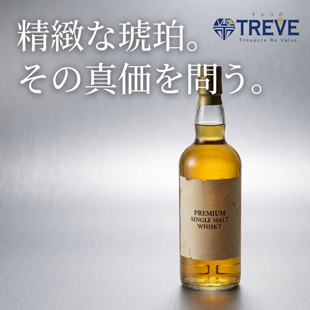 【8/8最新】高松市のウイスキー・お酒買取ならTREVE（トレリバ）。「精緻な琥珀。その真価を問う。」というコピーと共に、ヴィンテージのシングルモルトウイスキーボトルが佇むイメージ画像。高松市内でウイスキーやブランデー等の古酒を高価買取・即日現金化。