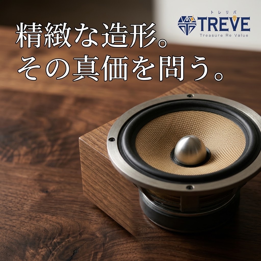 【8/18最新】高松市のデノン・高級オーディオ買取ならTREVE（トレリバ）。「精緻な造形。その真価を問う。」というコピーと共に、ウッドベースに据えられた高音質スピーカーユニットが佇むイメージ画像。高松市内でスピーカーやアンプ等の音響機器を高価買取・即日現金化。