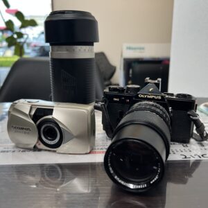 高松市のトレリバで買取したオリンパスのOM-2一眼レフとミュー2コンパクトフィルムカメラ、望遠レンズ