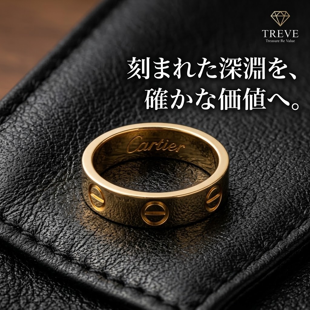 【8/2最新】高松市のカルティエジュエリー買取ならTREVE（トレリバ）。「刻まれた深淵を、確かな価値へ。」というコピーと共に、カルティエ（Cartier）のイエローゴールド製ラブリングが佇む黒レザー背景のイメージ画像。高松市内でブランドジュエリーを高価買取・即日現金化。