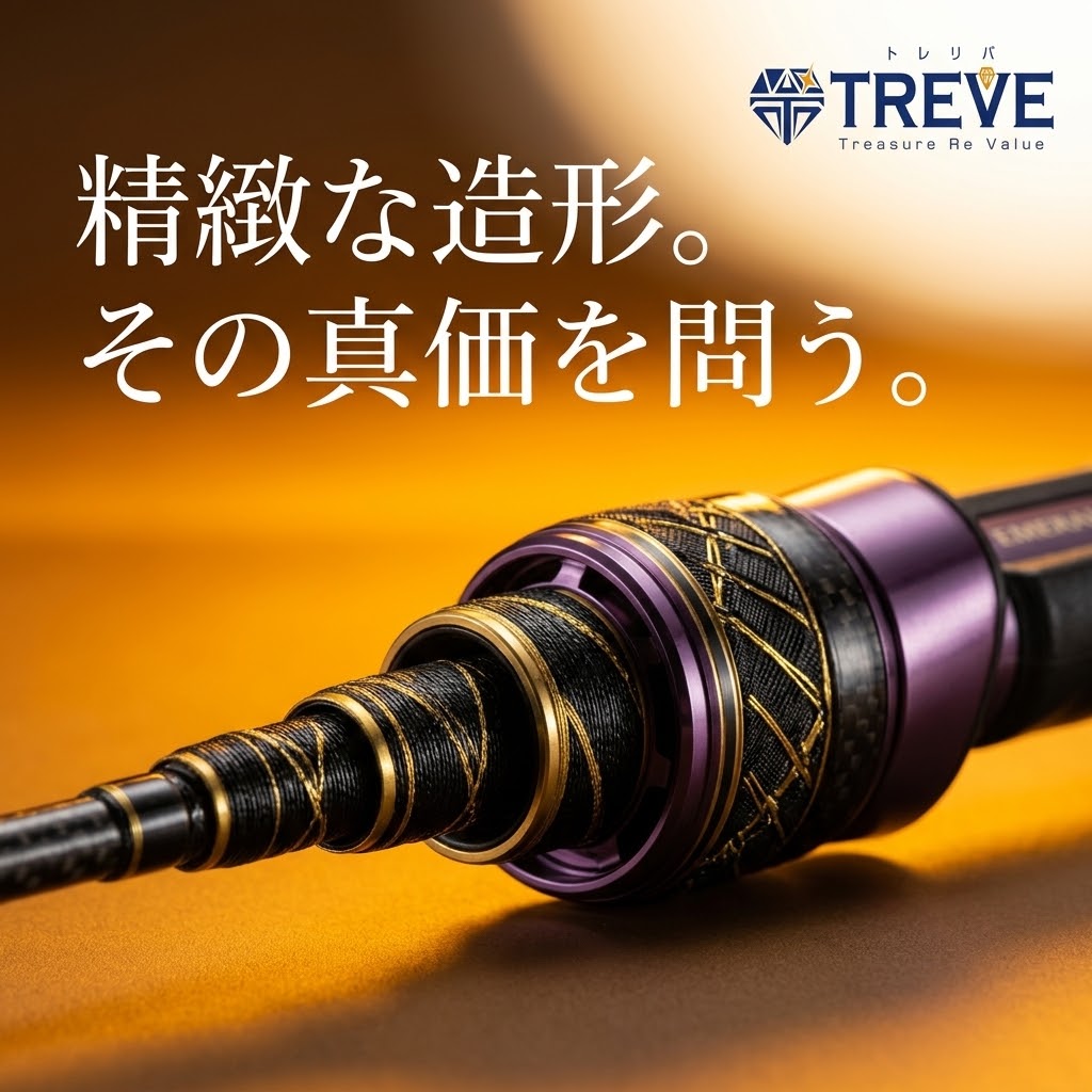 【8/16最新】高松市のエメラルダス・釣具買取ならTREVE（トレリバ）。「精緻な造形。その真価を問う。」というコピーと共に、DAIWA（ダイワ）エメラルダスロッドのグリップ部分が佇むイメージ画像。高松市内でエギングロッドやリール等の釣具を高価買取・即日現金化。