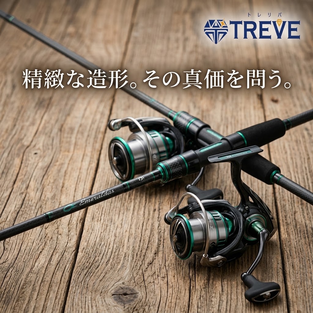 【8/30最新】高松市のエメラルダス・釣具買取ならTREVE（トレリバ）。「精緻な造形。その真価を問う。」というコピーと共に、DAIWA（ダイワ）エメラルダスのロッドとリールが並ぶウッド背景のイメージ画像。高松市内でエギングロッドやスピニングリール等の釣具を高価買取・即日現金化。