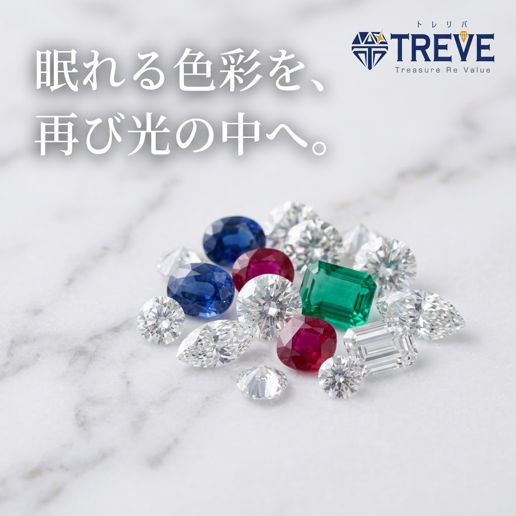 【8/17最新】高松市のダイヤモンド・宝石買取ならTREVE（トレリバ）。「眠れる色彩を、再び光の中へ。」というコピーと共に、ダイヤモンドやエメラルド、ルビー、サファイアのルースが並ぶ大理石背景のイメージ画像。高松市内で高級ジュエリーや色石を高価買取・即日現金化。