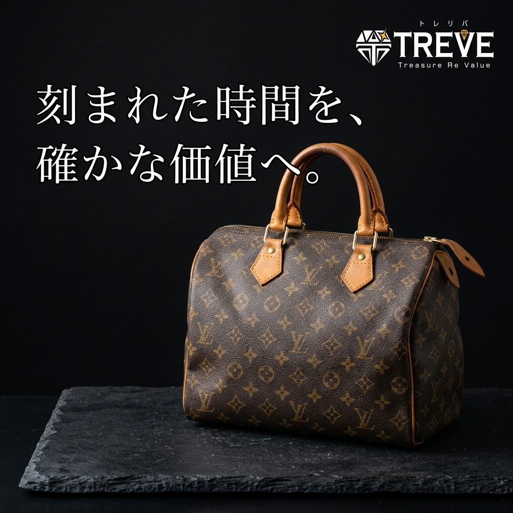 【8/28最新】高松市のルイ・ヴィトンバッグ買取ならTREVE（トレリバ）。「刻まれた時間を、確かな価値へ。」というコピーと共に、モノグラム・スピーディが佇む黒背景のイメージ画像。高松市内でヴィンテージルイヴィトンやブランドバッグを高価買取・即日現金化。