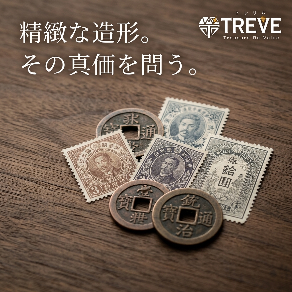 【8/26最新】高松市の古切手・古銭買取ならTREVE（トレリバ）。「精緻な造形。その真価を問う。」というコピーと共に、明治時代の記念切手や穴あき古銭が並ぶ木目背景のイメージ画像。高松市内でプレミアム切手や古銭・金券を高価買取・即日現金化。
