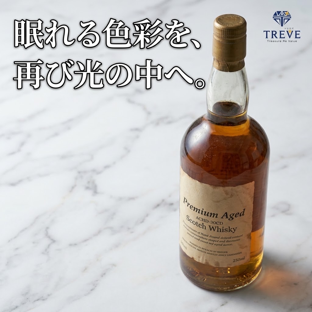 【9/12最新】高松市のウイスキー・古酒買取ならTREVE（トレリバ）。「眠れる色彩を、再び光の中へ。」というコピーと共に、ヴィンテージスコッチウイスキーのボトルが大理石の上に佇むイメージ画像。高松市内でジャパニーズウイスキーや洋酒を高価買取・即日現金化。