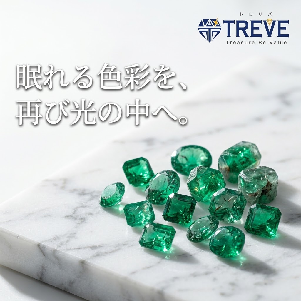 【9/29最新】高松市のエメラルド・宝石貴金属買取ならTREVE（トレリバ）。「眠れる色彩を、再び光の中へ。」というコピーと共に、大理石の上に様々なカットのエメラルドルース（裸石）が瑞々しく輝くイメージ画像。高松市・香川県全域で鑑別書なし・枠から外れたルース・インクルージョンのある色石を高価買取・即日現金化。