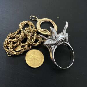 高松市のトレリバで買取した純金コインとK18ネックレス、Pt900空枠リングおまとめの画像