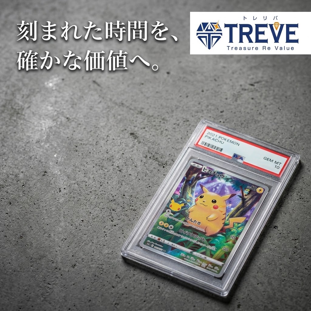 【10/24最新】高松市のポケモンカード・PSA鑑定品買取ならTREVE（トレリバ）。「刻まれた時間を、確かな価値へ。」というコピーと共に、最高評価PSA10のピカチュウ（25thアニバーサリープロモ・旧裏復刻）が専用ホルダーに入りコンクリート背景の上に佇むイメージ画像。高松市・香川県全域でポケカ・PSA10・未開封BOX・コレクションカードを高価買取・即日現金化。